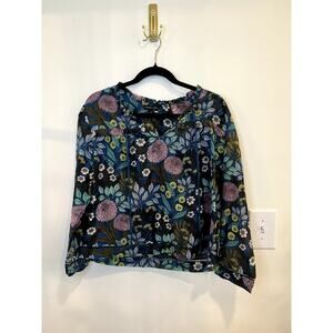 Abigail Borg for J.Crew Floral Blouse Medium Silk Blend Blue Boho Top 3/4 Sleeve
